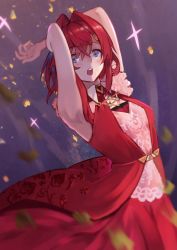 Rule 34 | 1girl, :o, ange katrina, ange katrina (3rd costume), armpits, blue eyes, blush, dress, flat chest, formal, highres, leaning back, looking at viewer, nijisanji, open hand, open mouth, red dress, red hair, short hair, solo, sooon, sparkle, surprised, triangle hair ornament, virtual youtuber