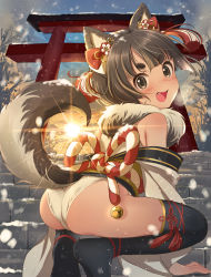 Rule 34 | 1girl, :d, animal ears, ass, black thighhighs, blunt bangs, blush, brown eyes, brown hair, chinese zodiac, commentary request, dog ears, dog tail, fang, from behind, hair ornament, highres, japanese clothes, kimono, leotard, light rays, looking at viewer, looking back, new year, obi, off shoulder, open mouth, original, outdoors, sash, short eyebrows, short hair, smile, snow, snowing, solo, squatting, stairs, sun, sunlight, sunrise, tail, tassel, thick eyebrows, thighhighs, torii, tsukana (saba mizore), white leotard, year of the dog