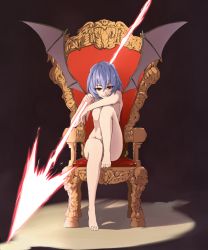 Rule 34 | 1girl, barefoot, bat wings, blue hair, censored, completely nude, convenient censoring, convenient leg, feet on chair, full body, kamukamu (ars), no nipples, nude, red eyes, remilia scarlet, short hair, simple background, sitting, solo, spear the gungnir, team shanghai alice, throne, touhou, wings