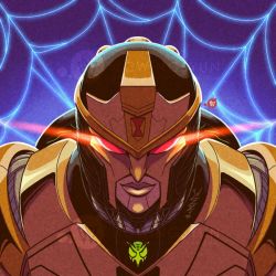 Rule 34 | 1girl, artist name, beast wars, blackarachnia, commentary, english commentary, glowing, glowing eyes, insignia, mecha, no humans, official art, portrait, predacon, red eyes, robot, science fiction, solo, transformers, watermark, winston chan