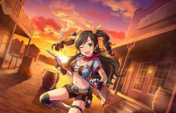 Rule 34 | 10s, 1girl, artist request, bandolier, barrel, belt, boots, bow, breasts, cartridge, cleavage, cowboy hat, crop top, drill hair, dual wielding, fringe trim, gloves, gun, hair bow, handgun, hat, holding, idolmaster, idolmaster cinderella girls, idolmaster cinderella girls starlight stage, jewelry, jpeg artifacts, looking at viewer, medium breasts, midriff, navel, nonomura sora, official art, one eye closed, open mouth, pendant, revolver, scarf, short shorts, short sleeves, shorts, smile, solo, sun, sunset, trigger discipline, twin drills, twintails, weapon, cowboy western