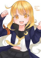 Rule 34 | 1girl, armband, black skirt, blonde hair, blue jacket, bobokuboboku, character name, clenched hand, commentary request, cowboy shot, crescent, crescent pin, dated, highres, jacket, kantai collection, long hair, looking at viewer, low twintails, neckerchief, one-hour drawing challenge, pleated skirt, satsuki (kancolle), satsuki kai ni (kancolle), school uniform, serafuku, simple background, skirt, smile, solo, teeth, twintails, twitter username, upper teeth only, white background, yellow neckerchief