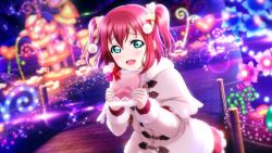 Rule 34 | 1girl, aqua eyes, artist name, artist request, blush, bow, female focus, fur-trimmed sweater, fur trim, gift, green eyes, hair between eyes, hair bow, hair ornament, holding, holding gift, kurosawa ruby, long sleeves, looking at viewer, love live!, love live! school idol festival, love live! school idol festival all stars, love live! sunshine!!, night, night sky, outdoors, parted lips, pom pom (clothes), pom pom hair ornament, red bow, red hair, short hair, sky, smile, solo, star (sky), sweater, twintails, white sweater, yellow bow