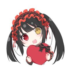 Rule 34 | 1girl, black hair, clock eyes, date a live, frilled hairband, frills, hairband, heart, lolita hairband, open mouth, pypy nemui, red eyes, smile, solo, symbol-shaped pupils, tokisaki kurumi, twintails, white background