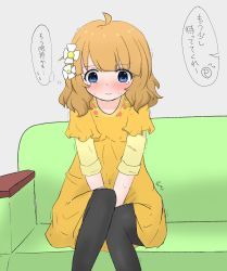 Rule 34 | 1girl, ahoge, between legs, black pantyhose, blue eyes, blush, brown hair, closed mouth, couch, dress, embarrassed, female focus, flat chest, floral print, flower, hair flower, hair ornament, hand between legs, have to pee, highres, idolmaster, idolmaster million live!, indoors, japanese text, knees together feet apart, layered sleeves, long sleeves, looking down, maru (maru 1005), nose blush, orange dress, pantyhose, short hair, short over long sleeves, short sleeves, sitting, solo, speech bubble, suou momoko, sweat, talking, tears, thought bubble, translated, trembling, v arms, white flower