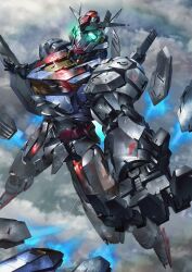 Rule 34 | above clouds, aqua eyes, cloud, funnels (gundam), glowing, glowing eyes, gundam, gundam aerial, gundam suisei no majo, highres, looking up, mecha, mobile suit, no humans, open hand, open hands, paintedmike, robot, science fiction, solo, v-fin