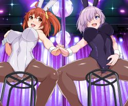 Rule 34 | 2girls, ahoge, animal ears, black leotard, blush, breasts, brown pantyhose, covered navel, crotch, disco ball, fake animal ears, fake tail, fate/grand order, fate (series), fujimaru ritsuka (female), gluteal fold, hair over one eye, haruhisky, highleg, highleg leotard, highres, holding hands, large breasts, leotard, light purple hair, looking at another, looking to the side, mash kyrielight, multiple girls, one side up, open mouth, orange eyes, orange hair, pantyhose, playboy bunny, pole, purple eyes, rabbit ears, rabbit tail, short hair, smile, spread legs, stool, strapless, strapless leotard, stripper pole, tail, white leotard, wrist cuffs