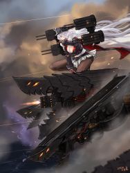 Rule 34 | 1girl, arm support, azur lane, black jacket, black pantyhose, bra, bra peek, breasts, cannon, charging (attack), cleavage, cloud, cross, dated, dust, electricity, firing, fur trim, gloves, glowing, glowing eyes, graf zeppelin (azur lane), hair between eyes, hat, highres, iron cross, jacket, kdm (ke dama), large breasts, light particles, long hair, long sleeves, looking afar, machinery, military, military uniform, on one knee, outdoors, pantyhose, peaked cap, pleated skirt, powering up, projectile trail, red eyes, rigging, rubbing, signature, silver hair, skirt, smoke, thighband pantyhose, tracer ammunition, underwear, uniform, very long hair, water, white bra, white skirt