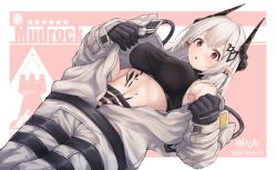 Rule 34 | 1girl, :o, absurdres, arknights, bad id, bad pixiv id, bare shoulders, black gloves, blush, breasts, character name, commentary request, copyright name, cowboy shot, crop top, gloves, highres, horns, kuroisiro, large breasts, long hair, looking at viewer, material growth, midriff, mudrock (arknights), mudrock (elite ii) (arknights), navel, oripathy lesion (arknights), parted lips, partial commentary, pink background, pointy ears, red eyes, rhodes island logo (arknights), sarashi, silver hair, solo, sports bra, star (symbol), stomach