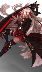 Rule 34 | 1girl, ahoge, arm guards, black bow, black coat, bow, coat, commentary request, dark-skinned female, dark skin, dutch angle, fate/grand order, fate (series), grey background, hair between eyes, hair bow, high collar, highres, holding, holding sword, holding weapon, katana, kinoko (shikimylove), koha-ace, long hair, okita souji (fate), okita souji (koha-ace), okita souji alter (fate), open mouth, red scarf, scarf, shin guards, simple background, solo, sword, tassel, thigh strap, thighhighs, weapon, white background, white eyes, white hair, yellow eyes