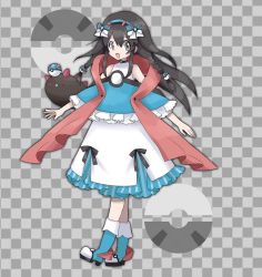 Rule 34 | 1girl, alternate costume, bare shoulders, black hair, blue bow, blue dress, blue footwear, blue hairband, boots, bow, braid, checkered background, creatures (company), dress, female focus, full body, game freak, gen 7 pokemon, great ball, grey background, grey eyes, hair between eyes, hair bow, hair ornament, hairband, happy, jpeg artifacts, long hair, looking at viewer, namako plum, nintendo, official style, open mouth, plum (vtuber), plum no bouken note, poke ball, poke ball symbol, pokemon, pokemon (creature), pyukumuku, simple background, smile, solo focus, standing, twin braids, two-tone background, virtual youtuber