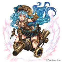 Rule 34 | 1girl, blue hair, boots, brown footwear, company name, cross, dress, frilled dress, frills, full body, gauntlets, gears, gloves, hair between eyes, hat, long hair, madogawa, official art, open mouth, outstretched arm, puffy short sleeves, puffy sleeves, ribbon, sengoku gensoukyoku, short sleeves, simple background, sitting, smoke, solo, sparkle, very long hair, white background, yellow eyes