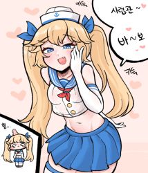 Rule 34 | 1girl, :&lt;, blue eyes, blush, bruise, bulga, chibi, chibi inset, dixie cup hat, elbow gloves, fang, gloves, hair ribbon, hat, heart, injury, korean text, last origin, long hair, looking at viewer, midriff, military hat, navel, open mouth, pleated skirt, ribbon, sailor, sailor collar, skirt, smile, solo, tears, thetis (last origin), thighhighs, twintails, white background, white gloves