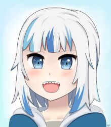 Rule 34 | 1girl, absurdres, blue eyes, blue hair, blush, gawr gura, grey hair, highres, hololive, hololive english, hood, hoodie, looking at viewer, medium hair, multicolored hair, open mouth, portrait, resolution mismatch, rsp, self-upload, sharp teeth, simple background, smile, solo, source smaller, streaked hair, teeth, virtual youtuber, white hair