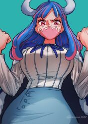 Rule 34 | 1girl, aosora2823, blue background, blue hair, blush, breasts, cape, highres, horns, large breasts, long hair, mask, mouth mask, multicolored hair, neck ribbon, one piece, pink eyes, pink hair, ribbon, shirt, skirt, solo, striped clothes, striped shirt, twitter username, ulti (one piece), white shirt