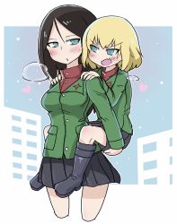 Rule 34 | 2girls, :o, black hair, black skirt, blonde hair, blue eyes, blush, breath, carrying, commentary, cropped legs, day, fang, girls und panzer, green jacket, half-closed eyes, hands on another&#039;s shoulders, highres, insignia, jacket, katyusha (girls und panzer), long hair, long sleeves, looking at another, looking at viewer, miniskirt, multiple girls, nonna (girls und panzer), open mouth, outdoors, outside border, piggyback, pleated skirt, pravda school uniform, red shirt, school uniform, shirt, short hair, skin fang, skirt, smile, snow, standing, swept bangs, turtleneck, v-shaped eyebrows, white-stew
