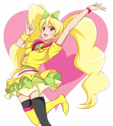 Rule 34 | 1girl, :d, arm up, asymmetrical legwear, blonde hair, boots, brooch, choker, color connection, cosplay, crossover, cure lovely, cure lovely (cosplay), cure lovely (lollipop hip hop), cure peach, earrings, eyelashes, fresh precure!, hair ornament, hair ribbon, happinesscharge precure!, happy, heart, heart background, heart brooch, jabara tornado, jewelry, jumping, long hair, looking at viewer, m/, magical girl, momozono love, open mouth, pink eyes, precure, ribbon, shirt, skindentation, skirt, smile, solo, star (symbol), star earrings, sweatband, thigh boots, thighhighs, thighs, trait connection, twintails, uneven legwear, white background, wrist cuffs, zettai ryouiki
