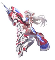 Rule 34 | 1girl, artery gear, artery gear: fusion, artist request, breasts, cleavage, dark-skinned female, dark skin, diancht (artery gear), grey hair, greyscale, headgear, headphones, heterochromia, highres, holding, holding weapon, huge weapon, large breasts, long hair, mechanical arms, mechanical legs, monochrome, official art, red eyes, revealing clothes, transparent background, weapon