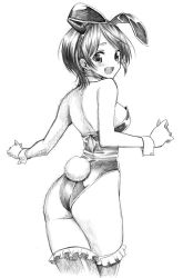 Rule 34 | :d, animal ears, ass, blush, fake animal ears, frilled thighhighs, frills, fujimaru (bluebrand), greyscale, hairband, jpeg artifacts, leotard, looking back, monochrome, open mouth, playboy bunny, rabbit ears, rabbit tail, short hair, simple background, sketch, smile, solo, tail, thighhighs, white background, wrist cuffs
