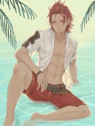 Rule 34 | 10s, 1boy, abs, arm support, artist name, barefoot, belt, bracelet, granblue fantasy, jewelry, male focus, nyan poco march, open clothes, open shirt, percival (granblue fantasy), percival (summer) (granblue fantasy), red eyes, red hair, shirt, solo, water, wet, wet clothes, wet hair, wet shirt