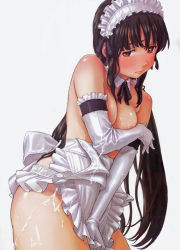 Rule 34 | 1girl, apron, black hair, breast hold, breasts, covering privates, covering breasts, covering crotch, cum, cum on body, cum on breasts, cum on clothes, cum on lower body, cum on upper body, detached collar, eyebrows hidden by hair, gloves, long hair, maid, maid apron, naked apron, naruko hanaharu, scan, shoujo material, simple background, solo, topless, very long hair, white background