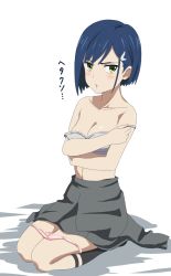 Rule 34 | 10s, 1girl, bare shoulders, blue hair, blush, bra, breasts, cleavage, darling in the franxx, green eyes, hair ornament, hairclip, highres, ichigo (darling in the franxx), looking at viewer, medium breasts, off shoulder, open mouth, panties, seiza, short hair, sincos, sitting, solo, strap slip, underwear, undressing