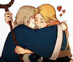 Rule 34 | 2girls, absurdres, ambrosia (dungeon meshi), blonde hair, blue capelet, blue robe, capelet, closed eyes, dungeon meshi, elf, falin touden, falin touden (tallman), grey hair, heart, highres, holding, holding staff, hood, hooded capelet, hug, kiss, kissing cheek, long hair, marcille donato, multiple girls, pointy ears, robe, staff, white robe, xivahtune, yuri