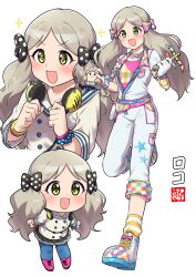 Rule 34 | 1girl, absurdres, bead bracelet, beads, black bow, black skirt, blue pantyhose, blush, bow, bracelet, buttons, character name, chibi, clenched hands, commentary, dot nose, full body, gloves, green eyes, grey hair, hair bow, handa roco, hands up, headphones, headphones around neck, highres, holding, holding toy, idolmaster, idolmaster million live!, jacket, jewelry, leg up, long hair, long sleeves, low twintails, multicolored footwear, ngetyan, open mouth, overalls, pantyhose, pink footwear, pink shirt, polka dot, polka dot bow, print overalls, sailor collar, scrunchie, shirt, single glove, skirt, smile, socks, sparkle, sparkling eyes, striped clothes, striped socks, toy, twintails, upper body, v-shaped eyebrows, white background, white gloves, white jacket, white overalls, wrist scrunchie, yellow socks