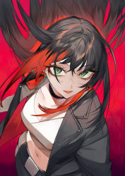 Rule 34 | 1girl, belt, black choker, black hair, black jacket, breasts, character request, choker, cleavage, collarbone, copyright request, from above, gradient hair, green eyes, jacket, kotobuki (medetai), lipstick, long hair, long sleeves, looking at viewer, looking up, makeup, multicolored hair, navel, open clothes, open jacket, parted lips, photoshop (medium), red hair, red lips, shirt, solo, upper body, very long hair, virtual youtuber, white shirt