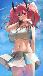 Rule 34 | 1girl, :d, azur lane, bare shoulders, blue sky, blush, bra visible through clothes, breasts, bremerton (azur lane), bremerton (scorching-hot training) (azur lane), cleavage, cloud, collarbone, commentary, cowboy shot, crop top, crop top overhang, day, green skirt, grey hair, hair between eyes, hair intakes, hair ornament, hairclip, hand up, heart, heart necklace, highres, jewelry, large breasts, long hair, looking at viewer, mole, mole on breast, mole under eye, multicolored hair, navel, navel piercing, necklace, official alternate costume, open mouth, piercing, pink eyes, pink hair, pleated skirt, ru-ne, see-through, shirt, sidelocks, skirt, sky, sleeveless, sleeveless shirt, smile, solo, sportswear, standing, stomach, streaked hair, sweat, tennis uniform, twintails, two-tone hair, two-tone shirt, two-tone skirt, underboob, wet, wet clothes, wet shirt, wet skirt, white shirt, wristband, x hair ornament
