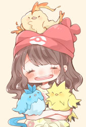 Rule 34 | 1girl, articuno, beanie, bird, blush, brown hair, chick, closed eyes, commentary request, creatures (company), eyelashes, fire, floral print, game freak, gen 1 pokemon, hat, highres, holding, holding pokemon, legendary pokemon, mole, mole under eye, moltres, namino24, nintendo, on head, open mouth, poke ball print, pokemon, pokemon (creature), pokemon on head, pokemon sm, red headwear, selene (pokemon), shirt, short sleeves, teeth, tied shirt, tongue, yellow shirt, zapdos