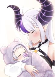 Rule 34 | 2girls, absurdres, aged down, ahoge, baby, blunt bangs, closed eyes, cocozasa, detached sleeves, grey hair, highres, hololive, horns, la+ darknesss, long hair, multicolored hair, multiple girls, murasaki shion, o-ring, pacifier, pointy ears, purple hair, sidelocks, striped horns, two-tone hair, virtual youtuber