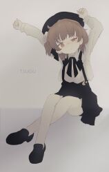Rule 34 | :/, :3, ahoge, arms up, beret, black footwear, black headwear, black ribbon, black skirt, blush, brown hair, closed mouth, collared shirt, crescent, crossed legs, feet out of frame, flower, grey background, hair flower, hair ornament, half-closed eye, hat, hatoba tsugu, highres, loafers, long sleeves, looking back, medium hair, neck ribbon, nose blush, pantyhose, raised eyebrow, raised eyebrows, ribbon, sha2mo, shirt, shirt tucked in, shoes, single hair ring, sitting, skirt, stretching, suspender skirt, suspenders, tsugu (vtuber), two-tone background, virtual youtuber, white pantyhose