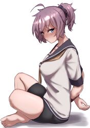 Rule 34 | 1girl, absurdres, ahoge, aoba (kancolle), arms behind back, barefoot, bike shorts, black scrunchie, black shorts, blue eyes, blush, bound, breasts, from side, frown, full body, grey sailor collar, hair ornament, hair scrunchie, high ponytail, highres, ikadamo, indian style, kantai collection, looking at viewer, medium breasts, messy hair, neckerchief, nose blush, ponytail, purple hair, sailor collar, sailor shirt, scrunchie, shirt, shorts, sideways glance, simple background, sitting, solo, tied up (nonsexual), white background, white shirt, yellow neckerchief