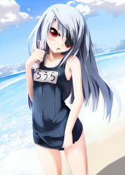 Rule 34 | 10s, 1girl, eyepatch, flat chest, grune, highres, infinite stratos, laura bodewig, long hair, name tag, one-piece swimsuit, red eyes, school swimsuit, silver hair, solo, swimsuit