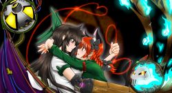 Rule 34 | 2girls, alternate weapon, animal ears, arm cannon, arm strap, arms around neck, black hair, bloodycat, blouse, blush, bow, braid, brown eyes, cape, cat ears, cat girl, cat tail, crossover, dress, extra ears, eye contact, female focus, green dress, hair bow, hair ribbon, heart, heart of string, highres, hug, kaenbyou rin, kannazuki no miko, long hair, looking at another, machine, messy hair, miko embrace, multiple crossover, multiple girls, parody, pointy ears, portal (object), portal (series), portal 1, profile, red eyes, red hair, reiuji utsuho, ribbon, shirt, short sleeves, skull, string, string of fate, tail, third eye, touhou, twin braids, upper body, weapon, wings, yuri