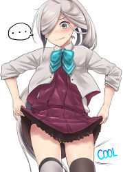 Rule 34 | ..., 1girl, absurdres, ahoge, asashimo (kancolle), asashimo kai ni (kancolle), asymmetrical legwear, blue bow, blue bowtie, blush, bow, bowtie, clothes lift, dress, english text, green panties, grey eyes, hair over one eye, highres, jacket, kantai collection, kiritto, lifting own clothes, long hair, panties, pantyshot, ponytail, purple dress, school uniform, sharp teeth, silver hair, simple background, skirt, skirt lift, sleeves rolled up, solo, speech bubble, sweat, teeth, thighhighs, underwear, uneven legwear, very long hair, white background
