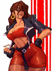 Rule 34 | 1girl, absurdres, black gloves, black jacket, blaze fielding, breasts, brown hair, cleavage, clenched hand, collarbone, commentary, earrings, english commentary, gloves, hair between eyes, hand on own hip, highres, hoop earrings, jacket, jewelry, large breasts, leather, leather jacket, long hair, midriff, navel, pantyhose, parted lips, red skirt, relusionh, sega, skirt, solo, streets of rage, streets of rage 4, thick thighs, thighs, toned