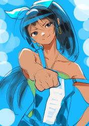 Rule 34 | 1girl, bare arms, blue hair, blue shirt, blush, bow, brown hair, bukimi isan, character request, check copyright, clenched hand, closed mouth, collarbone, copyright request, earrings, green pants, hair bow, jewelry, off shoulder, pants, ponytail, shirt, shy (series), smile, solo, two-tone shirt, upper body, white bow, white shirt