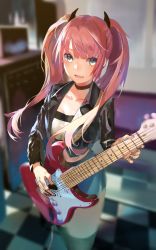 Rule 34 | 1girl, absurdres, black choker, blue eyes, blurry, breasts, checkered floor, choker, cropped jacket, demon horns, depth of field, electric guitar, fang, guitar, highres, horns, instrument, jacket, kneehighs, leather, leather jacket, long hair, medium breasts, miniskirt, music, ogimotozukin, original, pink hair, playing instrument, plectrum, skirt, socks, soft focus, solo, strapless, tube top, twintails
