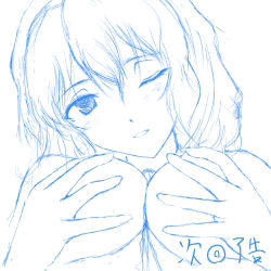 Rule 34 | 1girl, alice margatroid, blue theme, breasts, kuku px, large breasts, monochrome, one eye closed, paizuri, penis, sketch, solo, solo focus, topless, touhou, uncensored, wink