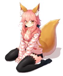 Rule 34 | 10s, 1girl, :&gt;, animal ears, bad id, bad pixiv id, between thighs, black thighhighs, blush, bra, breasts, cleavage, closed mouth, fate/extra, fate/extra ccc, fate (series), fox ears, fox tail, full body, hair between eyes, hair ornament, hair scrunchie, heart, highres, hood, hooded jacket, hoodie, jacket, jewelry, long hair, looking at viewer, medium breasts, narynn, necklace, no shoes, official alternate costume, pendant, pink bra, pink hair, scrunchie, simple background, sitting, sleeves past wrists, smile, solo, striped clothes, striped jacket, tail, tamamo no mae (fate/extra), tamamo no mae (spring casual) (fate), thighhighs, underwear, unzipped, wariza, white background, yellow eyes, zipper