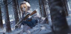 Rule 34 | 1girl, absurdres, black skirt, blue eyes, blue hairband, blue jacket, blurry, blurry foreground, blush, breasts, cape, closed mouth, commentary request, depth of field, even (even yiwen), forest, girls&#039; frontline, gloves, gun, hairband, highres, holding, holding gun, holding weapon, hood, hood up, hooded cape, huge filesize, jacket, light brown hair, long hair, long sleeves, looking at viewer, medium breasts, name connection, nature, object namesake, sidelocks, skirt, snow, snowing, solo, striped clothes, striped skirt, submachine gun, suomi (girls&#039; frontline), suomi kp/-31, thighhighs, torn cape, torn clothes, torn skirt, torn thighhighs, twitter username, v-shaped eyebrows, vertical-striped clothes, vertical-striped skirt, weapon, white cape, white gloves, white thighhighs