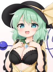 Rule 34 | 1girl, :d, black bra, black hat, blue eyes, bra, breasts, cleavage, gradient background, green hair, hands on own chest, hat, hat ribbon, highres, komeiji koishi, large breasts, long sleeves, looking at viewer, open clothes, open mouth, open shirt, ribbon, short hair, smile, smug, solo, suwa yasai, third eye, touhou, underwear, upper body, wide sleeves, yellow ribbon