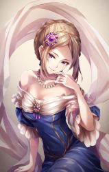 Rule 34 | 1girl, bare shoulders, blue dress, blue eyes, braid, copyright request, crown braid, dress, hair ornament, jewelry, looking at viewer, necklace, official art, parted bangs, pearl necklace, sekai no rekishi jinbutsu jiten, silk, sitting, smile, solo, tokumaru