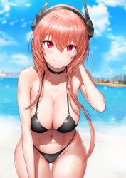 Rule 34 | 1girl, absurdres, bare shoulders, beach, bikini, black bikini, blue sky, blurry, blurry background, blush, breasts, city, cleavage, closed mouth, cloud, collarbone, day, girls&#039; frontline, gluteal fold, greem bang, groin, hair between eyes, halterneck, hand on own head, headgear, highres, large breasts, leaning forward, long hair, looking at viewer, m4 sopmod ii (girls&#039; frontline), md5 mismatch, multicolored hair, navel, ocean, outdoors, pink hair, red eyes, red hair, resolution mismatch, sand, sidelocks, sky, smile, solo, source smaller, stomach, streaked hair, sweat, swimsuit