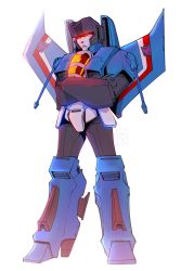 Rule 34 | arm cannon, crossed arms, decepticon, frown, full body, glowing, glowing eyes, highres, looking down, mecha, no humans, red eyes, robot, thundercracker, transformers, weapon, white background, yahtzee zen