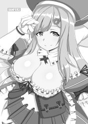 Rule 34 | 1girl, absurdres, apron, artist name, beret, bow, bowtie, breasts, cleavage, collar, commentary, danfer3, dress, english commentary, fanny pack, frilled collar, frilled dress, frilled gloves, frills, gloves, greyscale, hair ornament, hairpin, hat, highres, large breasts, long hair, looking at viewer, monochrome, puffy sleeves, ribbon-trimmed gloves, ribbon trim, senran kagura, simple background, smile, solo, strapless, strapless dress, swept bangs, tareme, white gloves, yomi (senran kagura)