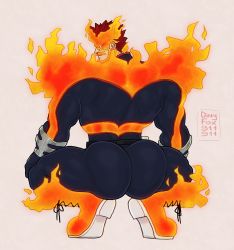 Rule 34 | 1boy, artist name, beard, bodysuit, boku no hero academia, boots, dirtyfox911911, endeavor (boku no hero academia), facial hair, fire, from behind, full body, gloves, grey background, highres, looking at viewer, looking back, male focus, mature male, meme, muscular, muscular male, red hair, short hair, simple background, solo, spiked hair, squatting, superhero costume