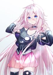 Rule 34 | 1girl, :/, ahoge, black camisole, black collar, black shirt, black thighhighs, blue eyes, blush, braid, breasts, camisole, closed mouth, collar, cowboy shot, floating hair, hair between eyes, hands in hair, hands up, highres, ia (vocaloid), light particles, long bangs, long hair, long sleeves, looking at viewer, low-braided long hair, low-tied long hair, murumuru (pixiv51689952), nose blush, off-shoulder shirt, off shoulder, pink hair, pink skirt, pleated skirt, raised eyebrows, shirt, simple background, single bare shoulder, skirt, small breasts, solo, spaghetti strap, thighhighs, twin braids, very long hair, vocaloid, white background, zettai ryouiki